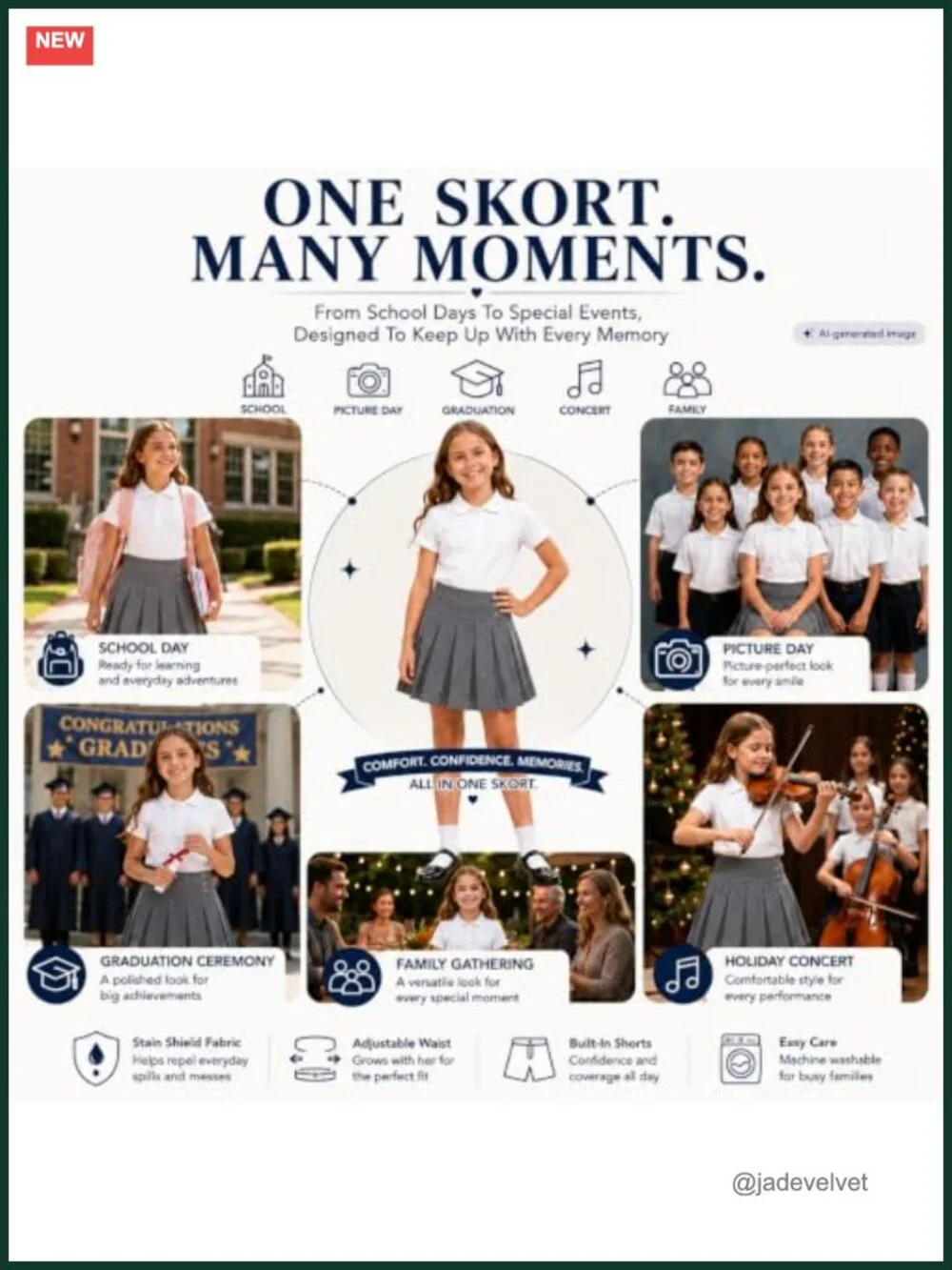 Girls School Uniform Pleated Skort Adjustable Waist Stretchy